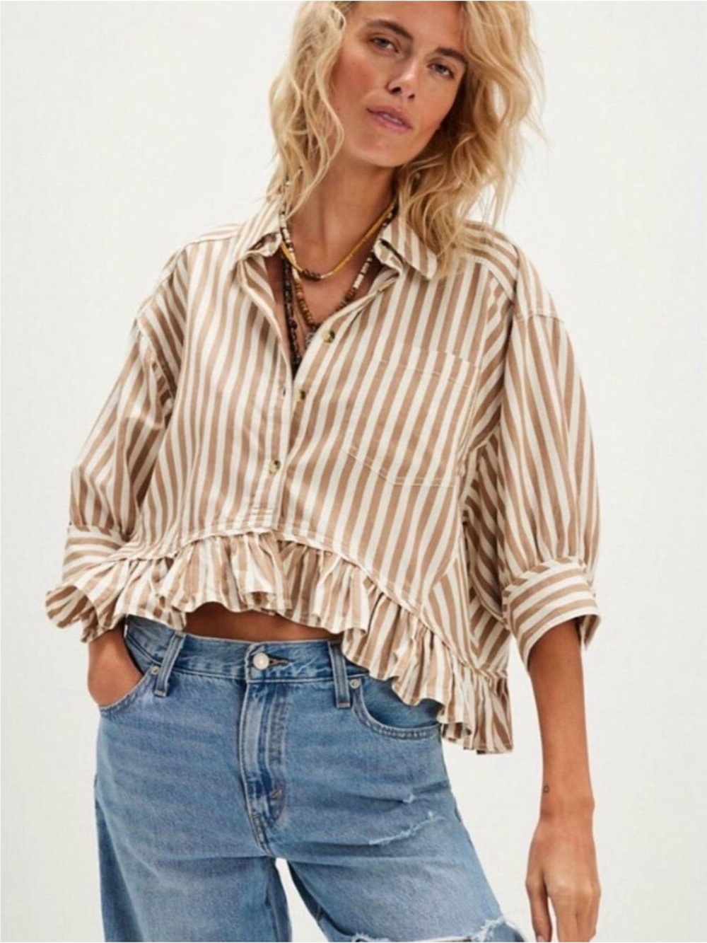Free People We the Free Striped Ruffle Button Down Cropped Top in Beige White